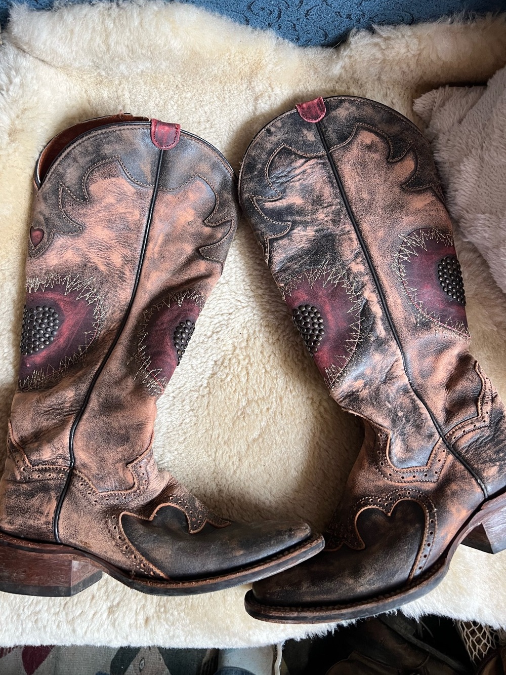 Tall Cowgirl Boots, brown with burgundy heart detailing. Dan Post. Square Towe